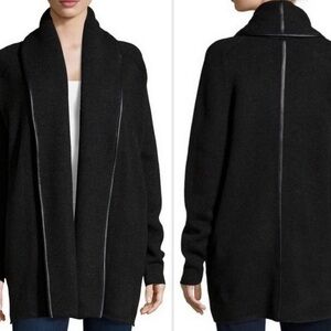 VINCE Black Open Front Yak & Wool Lambskin Leather-Trimmed Cardigan